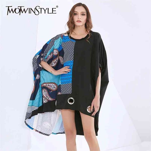 Robe imprimée noire pour les femmes O Neck Batwing manches trois-quarts Hit Color Sequined Designer Robes Femme 210520