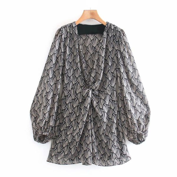 Black Print Mini Femme Robe Élégante Smock Ruchée Femmes Automne Vêtements Long Ballon Manches Noeud Drapé Dames es 210430