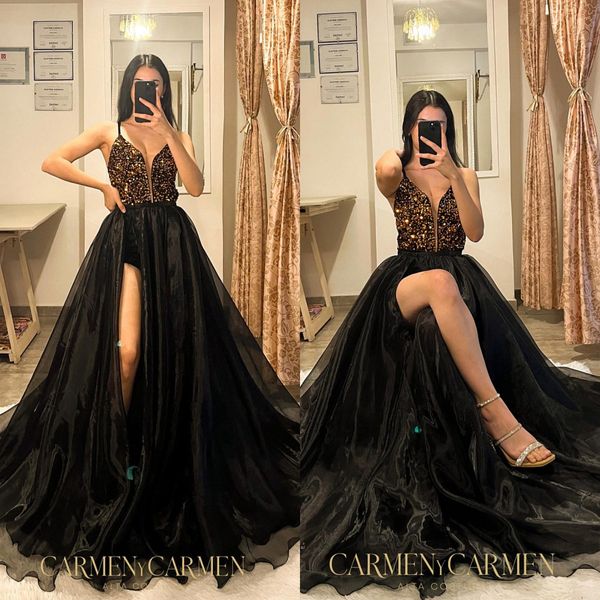 Black Prom Sexy Robe A Line Split Illusion V Neck Evening Elegant Glitter Gold Sequins Top Party Robes pour Special OCNS Promdress ES Robe