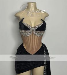 Zwarte prom sexy jurk veet kristal kralen verjaardagsfeestje staart jurk homecoming robe de bal veter omhoog terug