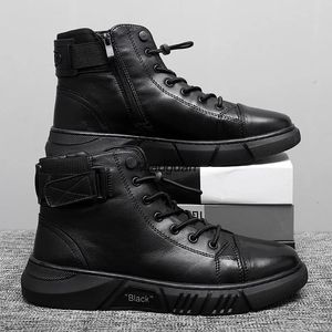 Tobillo de PU negro, zapatos deportivos de cuero para hombre, botas de plataforma de moda informales cómodas de otoño e invierno, cabeza redonda para hombre 23102 80