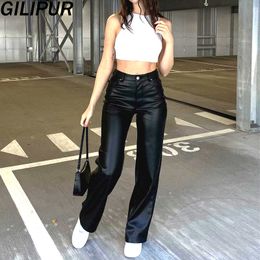 Pantalon en simili cuir noir Pu Mode Femme Taille haute Droite Pantalon urbain décontracté Hiver Streetwear 220725