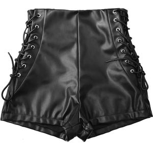 Zwarte Pu lederen bandage shorts dames hoge taille bil elastische strakke sexy laarzen 240402