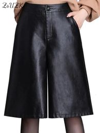 Black PU lederen bermuda shorts voor vrouwen los lange motorfiets punk hoge taille knielengte femme 240113