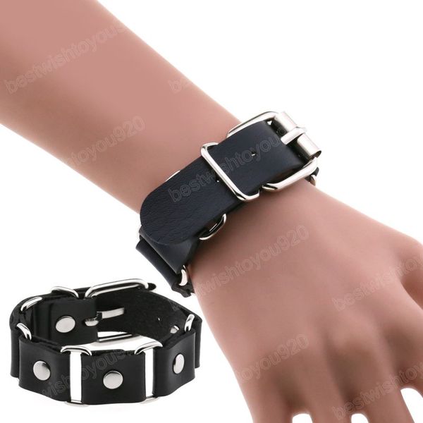 Bracelet en cuir PU noir hommes Bracelet chaîne gothique pour femmes Harajuku manchette chaîne attache Bracelet bijoux