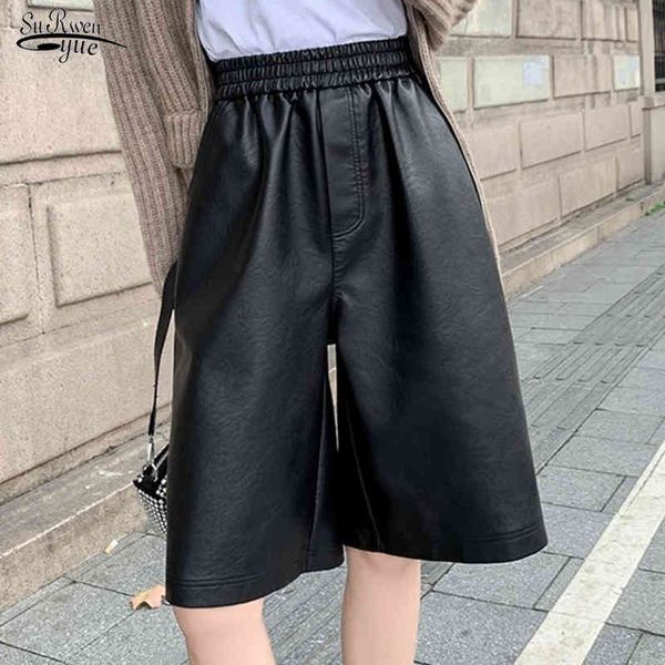 Pantalones cortos negros de cuero PU para Mujer, pantalones informales de pierna ancha para Otoño e Invierno, cintura elástica a la moda, sueltos para Mujer 12238 210521