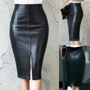 Black PU Leather Skirt Women New Midi Sexy High Waist Bodycon Split Skirt Office Pencil Skirt Knee Length Plus Size 210311