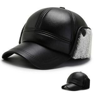 Zwart PU Lederen Wintermutsen Snapback Earflappen Baseball Cap Mannen Oorbescherming Ski Hoed Outdoor Plus Fluwelen Verdikking Warm L15 J1225