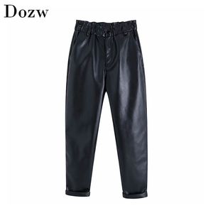 Pantalon en cuir PU noir pour femme, élastique, taille haute, Chi Paperbag, mode solide, faux pantalon, poches, bas 210515