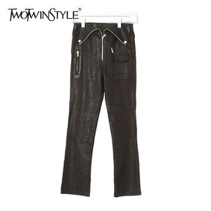 Noir PU cuir femmes pantalon taille haute poche fermeture éclair crayon pantalon femme printemps mode vêtements 210521
