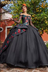 Jupe gonflée noire princesse robes de Quinceanera avec illusion à manches longues Gillter Applique robe de bal de 15 quinceaneras negro