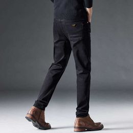 Noir pur jean hommes coupe ajustée pieds 2023 automne et hiver haut de gamme élastique polyvalent décontracté pantalons longs