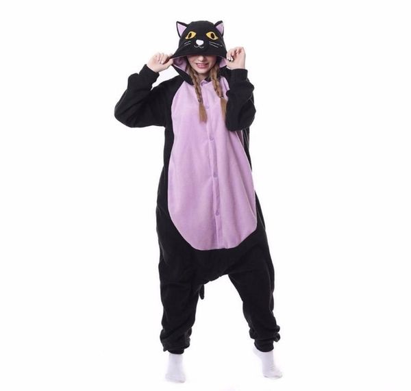 Negro Cat Púrpura Kigurumis Pajama Halloween Mujeres Adultos Hombres Sleepwear