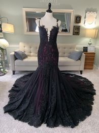 Vestido de novia de sirena gótica, color negro y morado, con encaje de lentejuelas sin mangas, vestidos de novia coloridos no blancos, hechos a medida 5683763