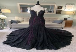 Vestido de novia de sirena gótica, color negro y morado, con encaje de lentejuelas sin mangas, vestidos de novia coloridos no blancos, hechos a medida 6341048