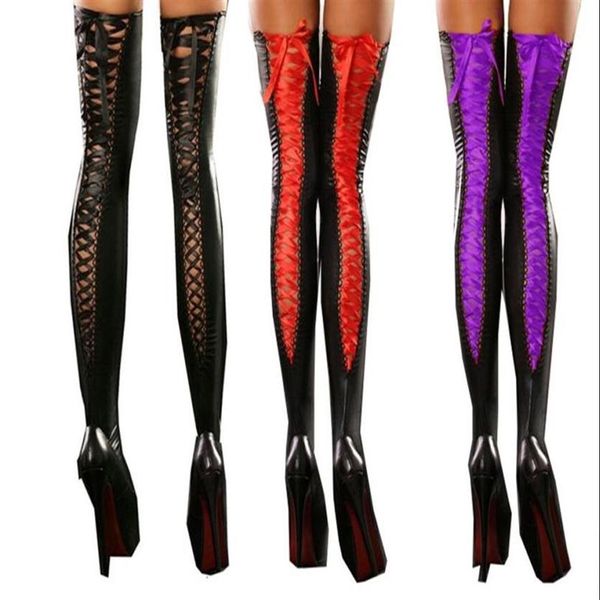 Bas à lacets Sexy pour femmes, noir, violet, rouge, chaussettes à ruban, robe fantaisie, strip-teaseuse, pôle danse, Clubwear264S