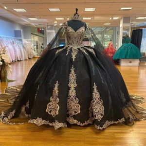 Robes de Quinceanera noires robe de débutante para 15 ans bleu royal avec cape dentelle appliques paillettes filles mexicaines XV robes de reconstitution historique YD 328 328