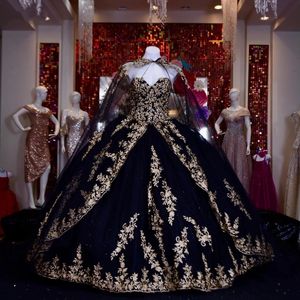 Vestidos negros de la quinceanera con aplique de encaje de la capa dulce 16 chicas mexicanas vestidos de fiesta volantes vestidos de 15 anos