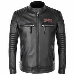 Noir Racer hommes Moto Biker véritable Patch conception courte mince Moto veste hommes véritable cuir de vache aviateur manteaux D90d #