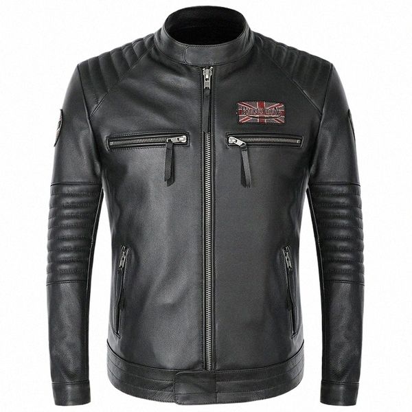 Negro Racer para hombre de la motocicleta del motorista parche genuino diseño corto delgado Moto chaqueta de los hombres de cuero de vaca real aviador abrigos D90d #