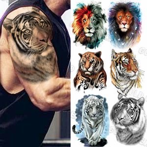 Noir réaliste demi manches tigre tatouages temporaires pour hommes adultes coloré Lion tatouage autocollants étanche Tatoos bras corps 3D
