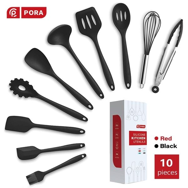 Noir / Rouge 10Pcs Silicone Kitchen Set Outil de cuisine Ustensiles de cuisine Spatule antiadhésive Ustensiles de cuisine Ensemble d'ustensiles de cuisine Silicone 201223