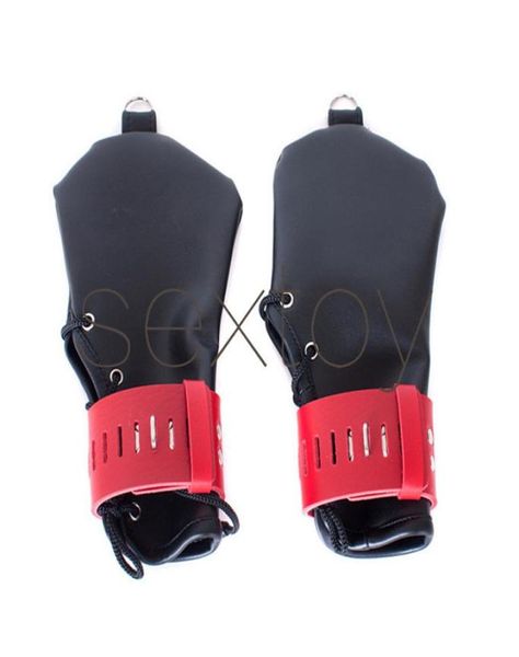 Black Red réglable Leçable verrouillable gant sans doigt BDSM Bondage Hands Restraint Gear Sex Positionnement Kit8644485