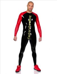 Zwart rode kleur Catsuit Sexy Mens Costumes Wetlook PVC Faux Leer Front 3-Ways ritssluiting voor een turnard clubkleding Bodysuit