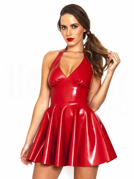 Robe en PVC noire/rouge brillante pour femmes, Sexy, col en V, Costume de fête, Mini robe plissée, sans manches, robe patineuse, taille S-5XL