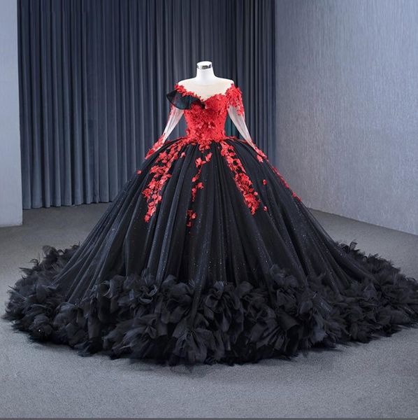 Vestidos de quinceañera de princesa gótica, color negro y rojo, manga larga, apliques, volantes, tren, vestidos de 15 quinceañera charro