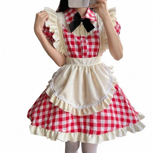 Noir Rouge Grille Maid Costume Esthétique Femme Kawaii Rôle Jouer Costumes Anime Cosplay Style Classique Été Serveur Uniformes Mignon I7Ru #