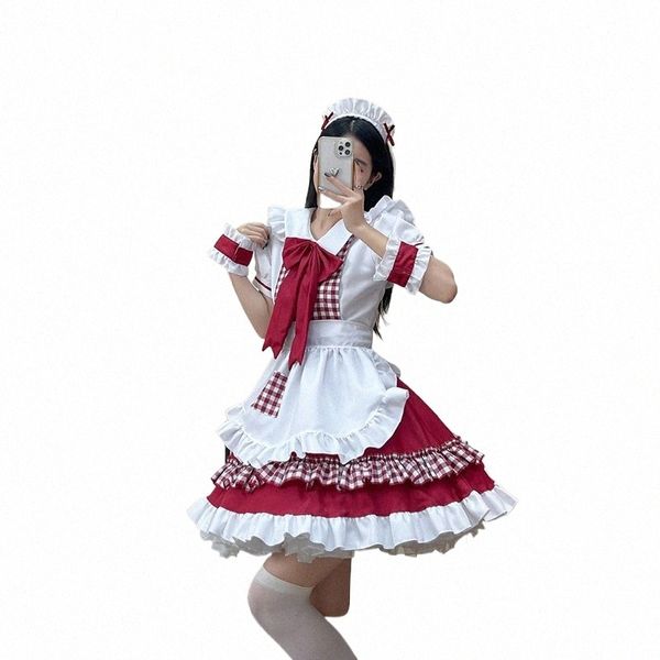 Negro Red Grid Maid Suit Lolita Dr Big Bowknot Kawaii Juego de rol Traje Clásico Estilo lindo Anime Cosplay Uniformes de camarero T8mH #