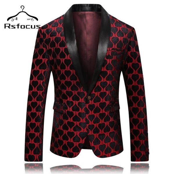 Blazer à motif de coeur rouge noir pour hommes, col châle, vêtements de scène pour hommes, coupe cintrée, costume de noël, veste de bal de mariage, XZ403 Men242V