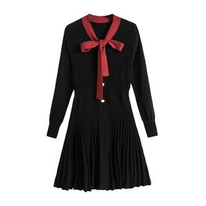 Noir Rouge Tricot Bow Collier Bouton À Manches Longues Ruché Empire Mini Robe Élégant Casual D2003 210514