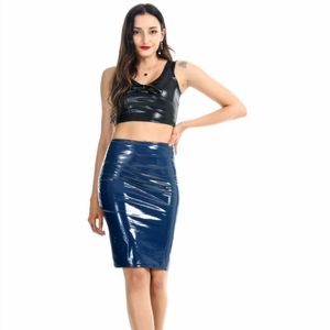 Negro Rojo Azul marino PU Falda de cuero Mujer Nueva Midi Sexy Cintura alta Bodycon Falda Oficina Lápiz Falda Hasta la rodilla Tallas grandes X0428