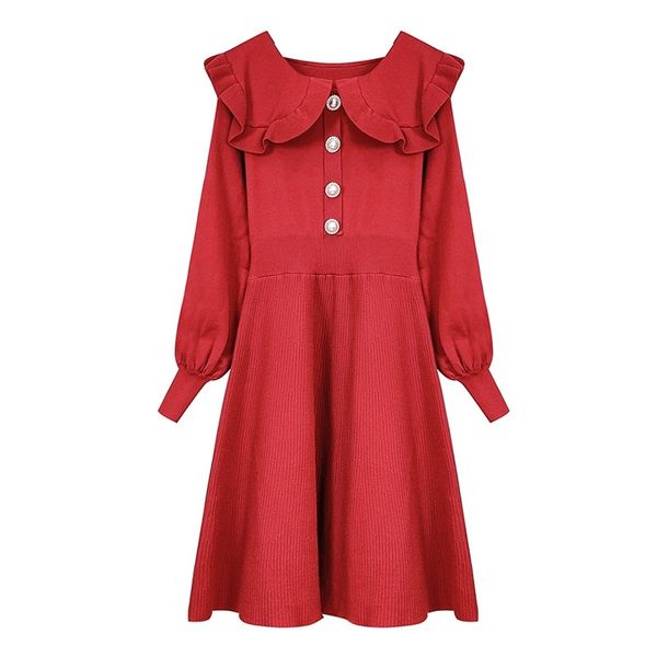 Negro Rojo O Cuello Manga larga Mini vestido corto Botón con volantes Ajuste y llamarada Elegante Fiesta de invierno Punto Sólido D1508 210514