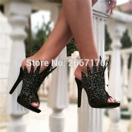 Noir Rouge Daim Sexy Piste Chaussures Femme Peep Toe Glisser Sur Des Pantoufles Dentelée Glitter Strass Sandales Femmes Talons Hauts Diapositives 0928