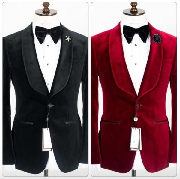 Noir / Rouge Velours Groom Tuxedos Châle Laspel Garçons D'honneur Robe De Mariée Automne Hiver Style Hommes Formelle Parti Costume De Bal (Veste + Pantalon + Cravate) 802