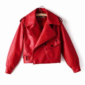 Noir Rouge Femmes Faux Cuir Veste Pu Moto Biker Manteau Col Rabattu Doux Faux Dames Punk Survêtement Lâche Streetwear L220728