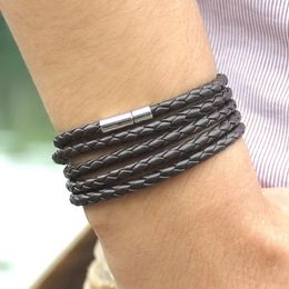 Zwart Retro Wrap Long Lederen Armband Mannen Bangles Fashion Chain Link Male Charm Armbanden met 5 Ronden