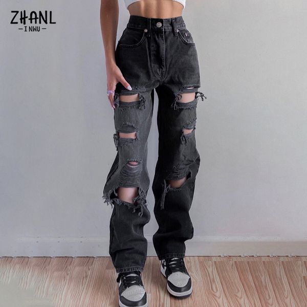 Jean taille haute déchiré noir pour femmes vêtements Vintage y2k mode pantalon en jean droit Streetwear trou Hip Hop pantalon jean 220526