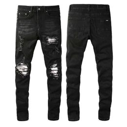 Pantalones vaqueros rasgados negros para hombre Denim para hombre Biker flaco Rodilla delgada Ripped Apenado con agujero Fit Street Color sólido Trendy Cremallera recta larga