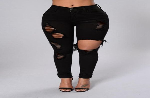 Vaqueros rasgados negros para mujer, pantalones de pitillo vaqueros, pantalones vaqueros ceñidos elásticos de cintura alta, Jeggings rasgados de talla grande 20203564963