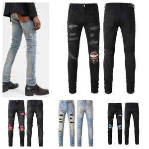 Jeans Amiriss déchirés noirs Jeans de designer Moto Trendy Ripped patchwork trou Taille 28-40 Streetwear toute l'année jeans à jambes minces denim Am pour hommes