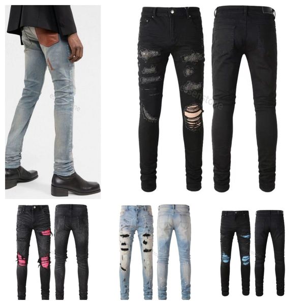 Jeans rasgados negros de amiriss jeans de diseñador Motocicleta Trendy Ripped patchwork hole Tamaño 28-40 Streetwear todo el año jeans de piernas delgadas para hombres Am denim