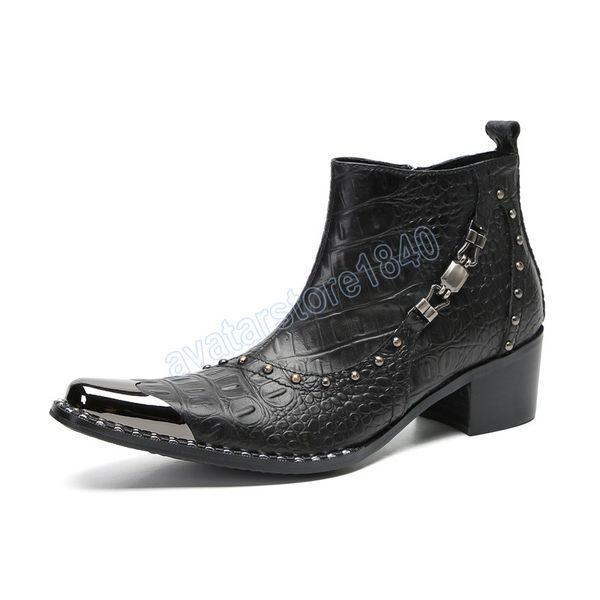 Bottes de boucle en métal noir rivet noir chaussures de cuir masculines