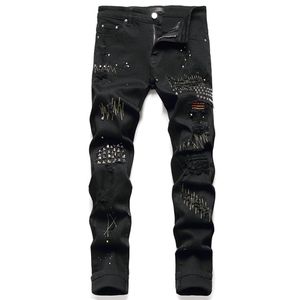 Rivets noirs jean homme Stretch déchiré peinture Denim pantalon mode mince broderie pantalon Style Punk homme vêtements Pantalone263l