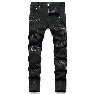 Rivets noirs jean homme Stretch déchiré peinture Denim pantalon mode Slim broderie pantalon Style Punk homme vêtements Pantalone226L