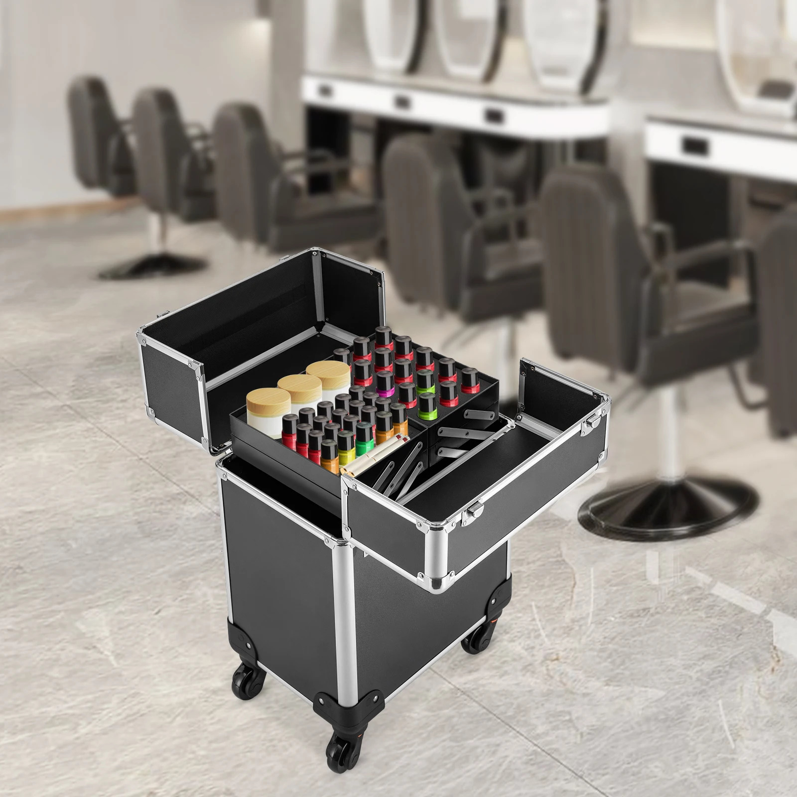 Case di trucco rotolante nero in alluminio salone cosmetico treno organizzatore di bagagli 240416