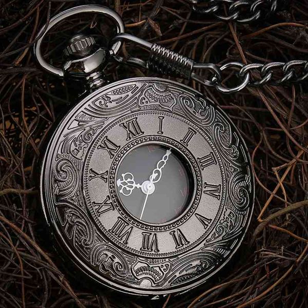 Chiffres romains noirs montre de poche à Quartz hommes femmes boîtier creux Steampunk Vintage pendentif collier cadeaux pour